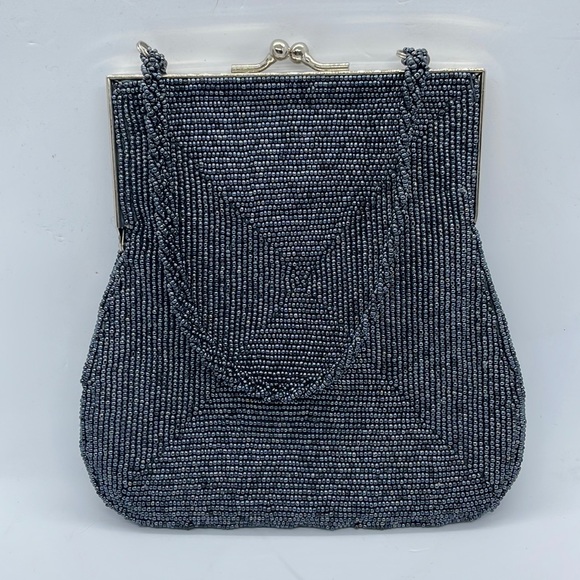 Express Handbags - Express World Brand Evening Clutch Bag, 6-3/4” Long. Gray Iridescent Beading.